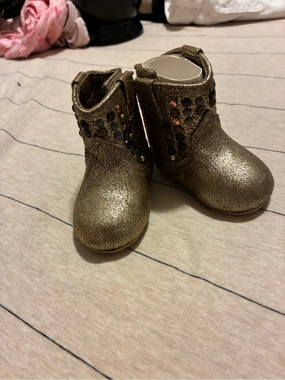Frye Baby Deborah Metallic Gold Ankle Boots with Stud Detail